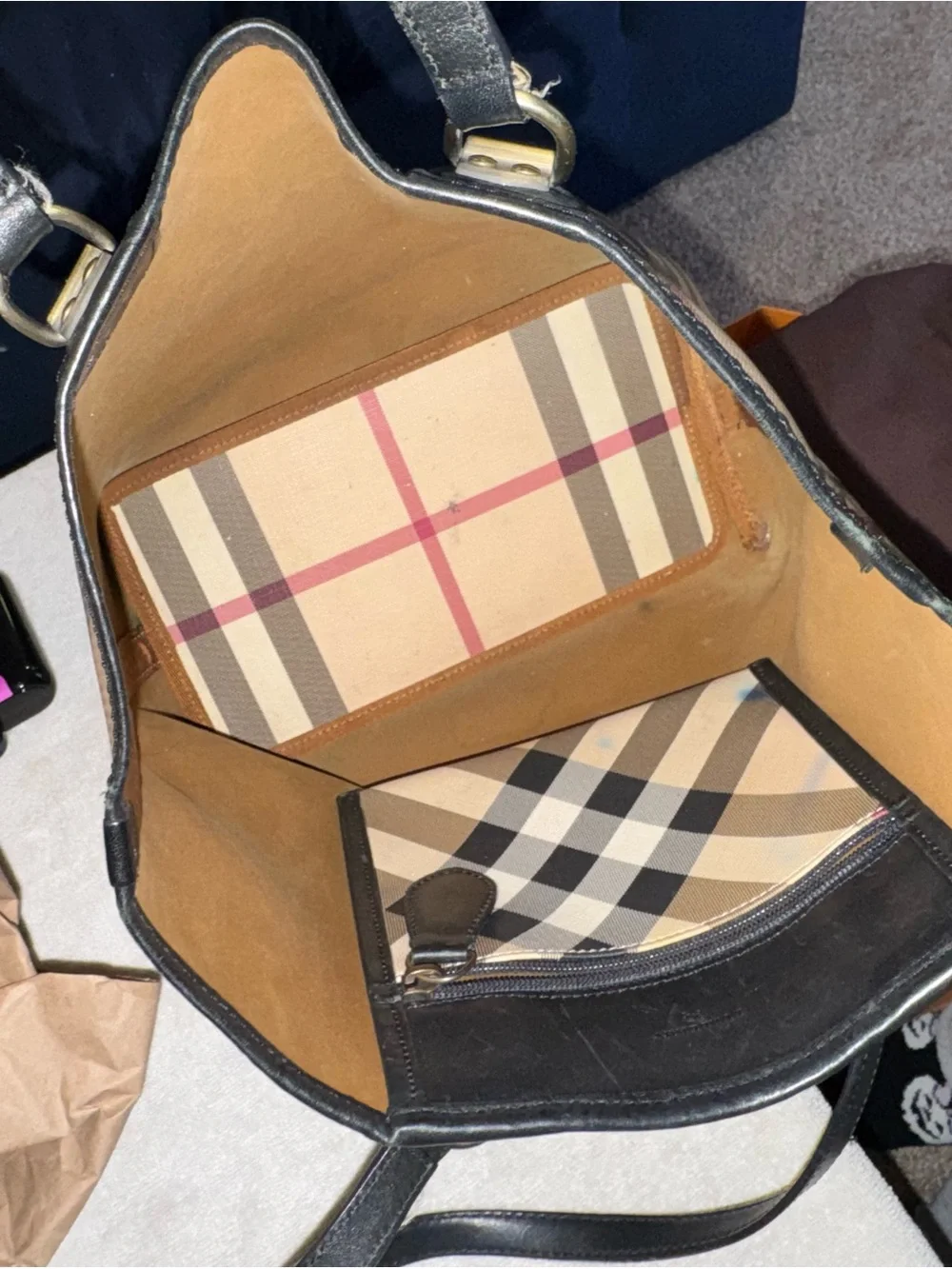 Burberry Beige Plaid Tote with Black Handles